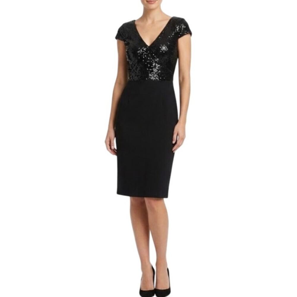 Dress the Population Sequined Knit Midi Sheath Cocktail Dress Black Size Medium